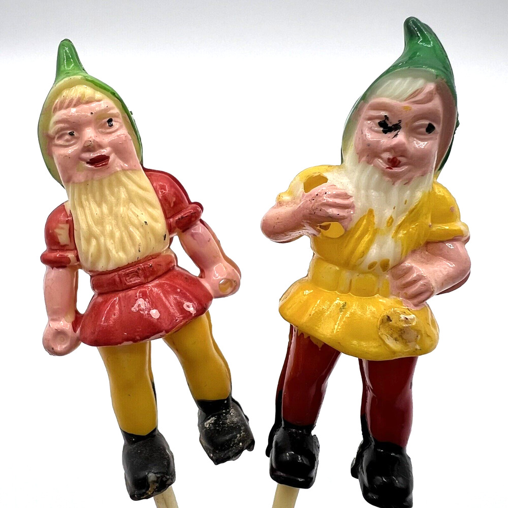 Vintage Plastic Garden Gnome Cake Topper Decoration Picks, Lot of 2, READ
